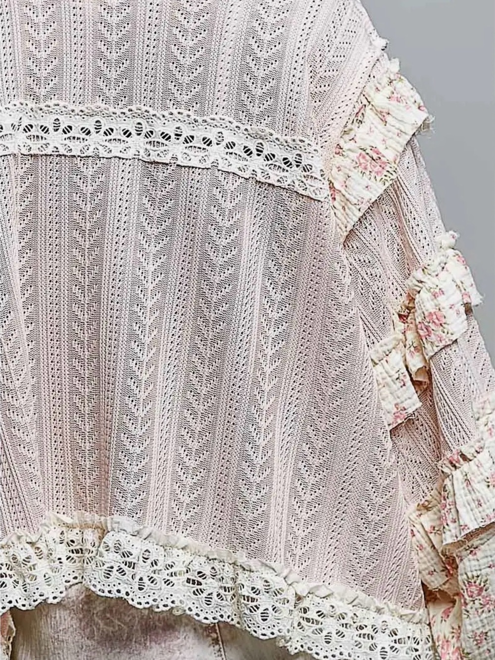 NEW Curated POL SET : Romantic Pink Floral Lace Ruffle Top & Cream Lace Pant - Picture 8 of 9